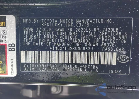 2019 Toyota Avalon Hybrid Limited z USA, uszkodzony, nr VIN 4T1B21FB2KU008531